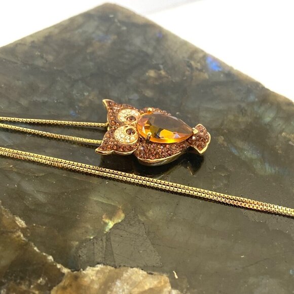 Gold Vermeil Sterling Silver 925 Brown Orange Rhinestone Owl Pendant Necklace - Picture 12 of 16
